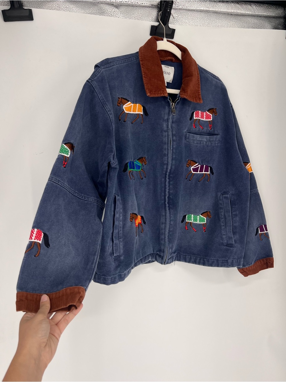 Found Lariat Blue Embroidered Horse Western Bohemian Utility Barn Jacket L - Picture 10 of 16